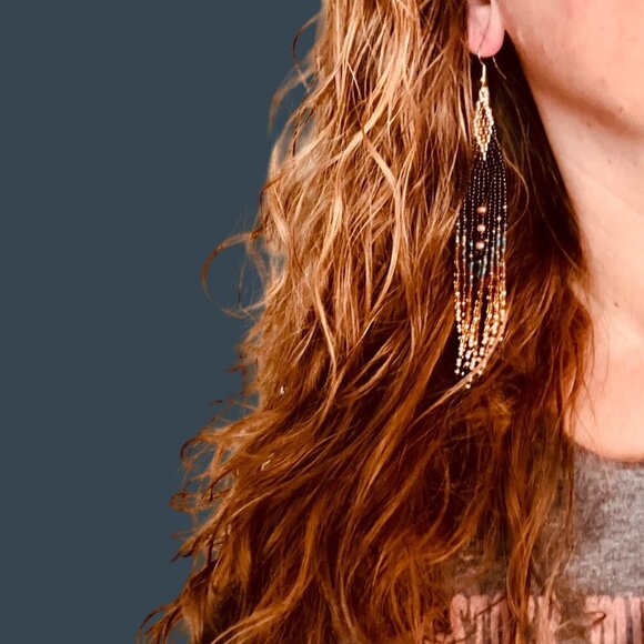 Beaded Fringe Earrings With Black Gold & Teal Glass Beads - Picture 2 of 6